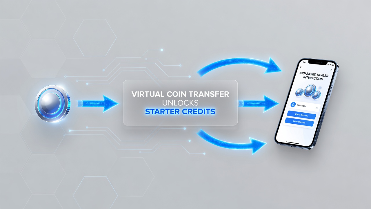 Cross-continental app interfaces showing credit unlocks from virtual coin transfers for dealer games