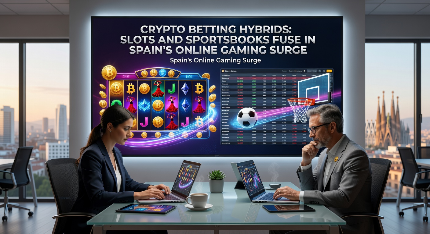 Graph charting Spain's online gaming revenue growth with peaks in slots, sports betting, and crypto transactions from 2024 to April 2026