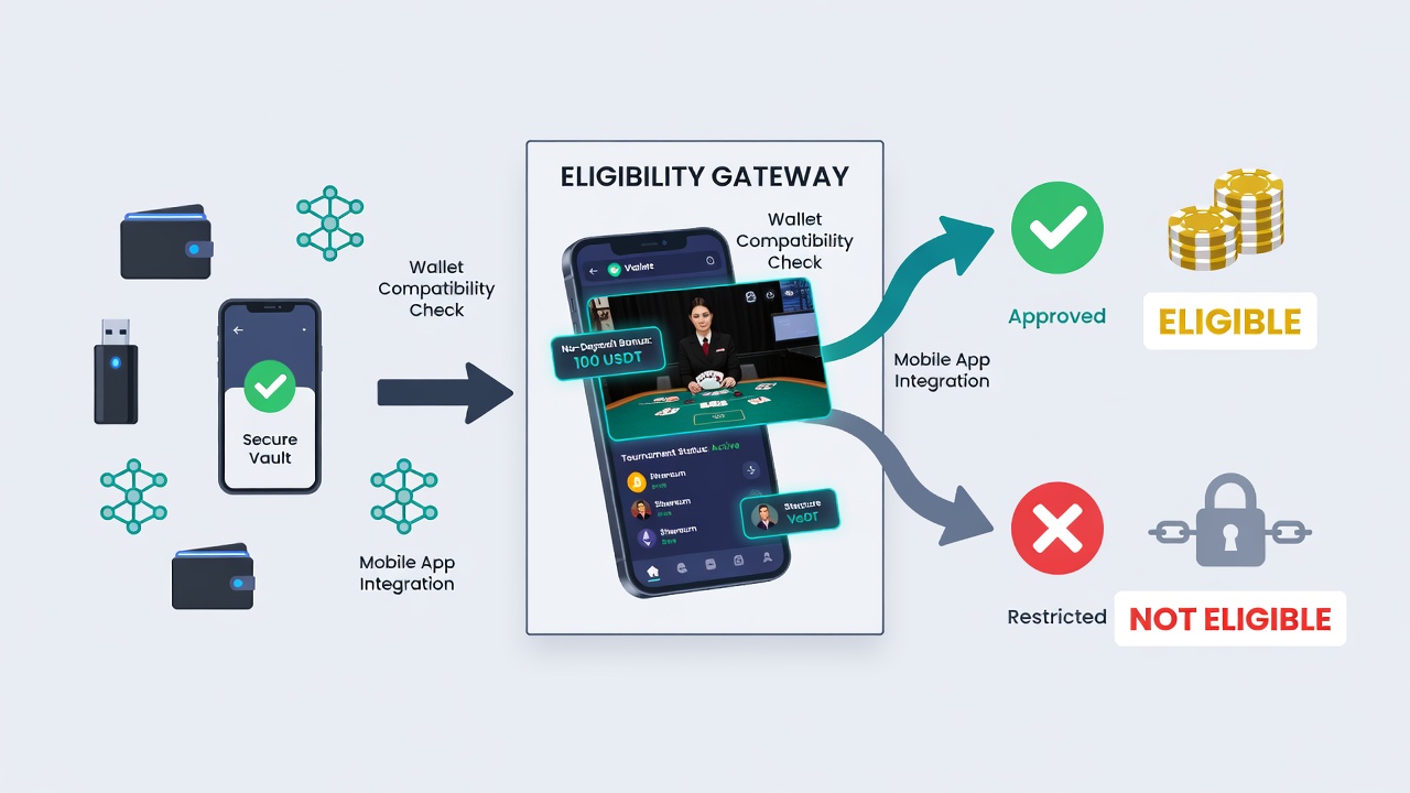 Live dealer table interface on a smartphone with wallet verification status indicators