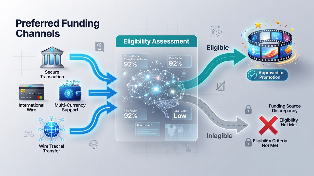 Cross-border mobile wagering dashboard displaying funding channel filters and animated reel bonus eligibility indicators