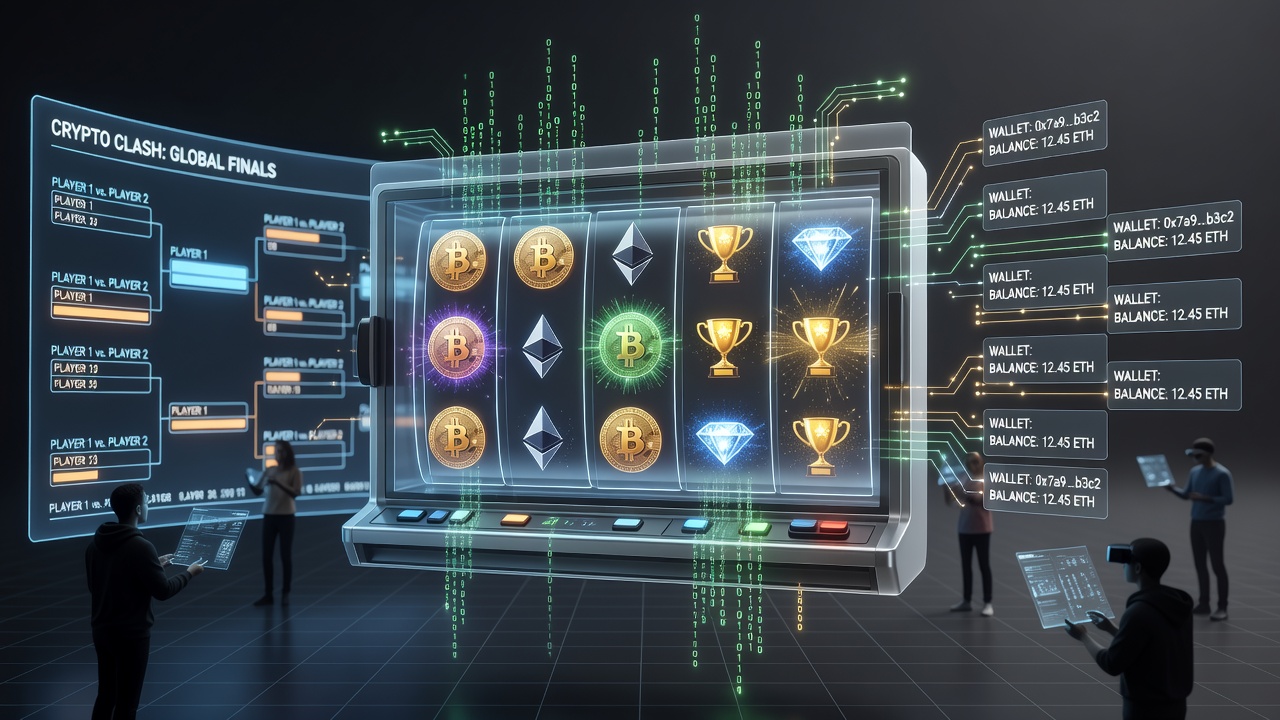 Cryptocurrency wallet integration screen alongside slot tournament leaderboard on an international platform
