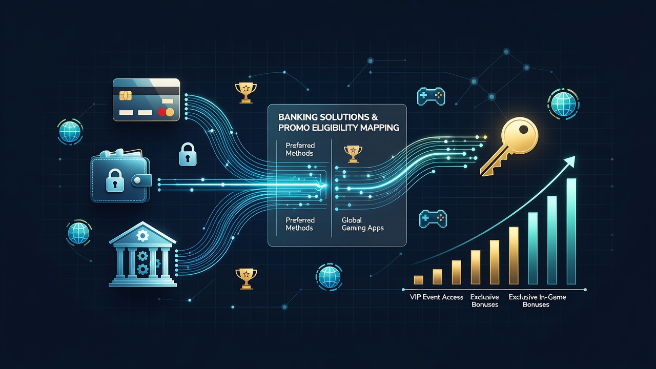 Global digital gaming interfaces showing banking options and promotion eligibility indicators