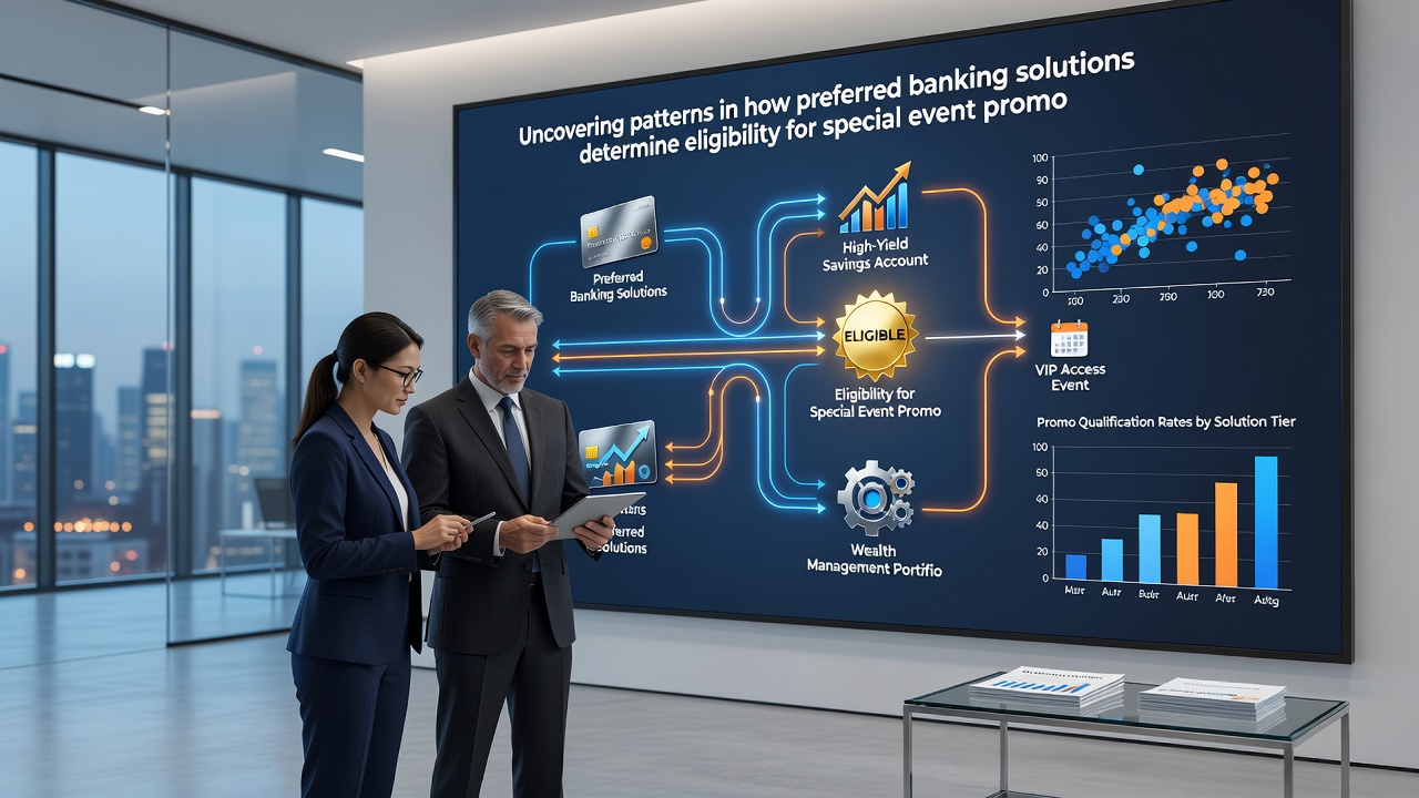 Analytics dashboard displaying correlations between banking preferences and promotion eligibility metrics